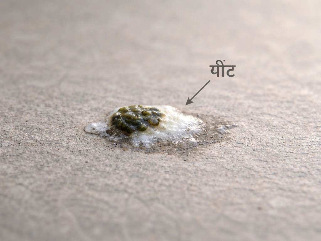 Macro close-up of a small bird dropping on a neutral surface with a subtle Hindi cue near it.