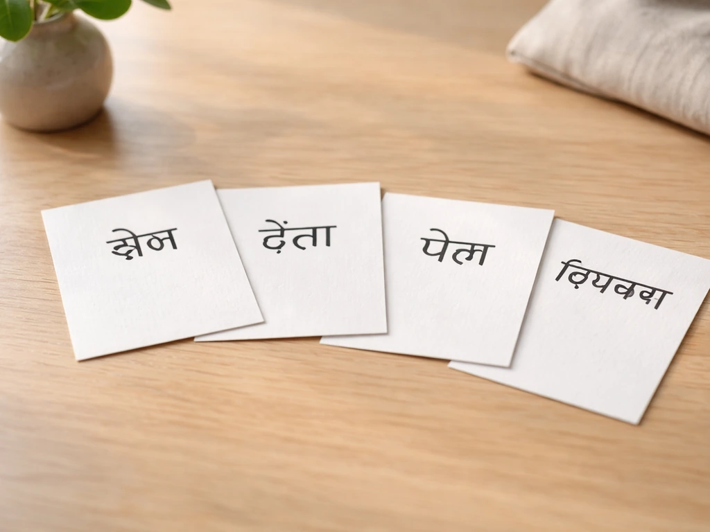 Minimal photo-style multilingual card showing bird droppings terms in different Indian scripts on separate cards