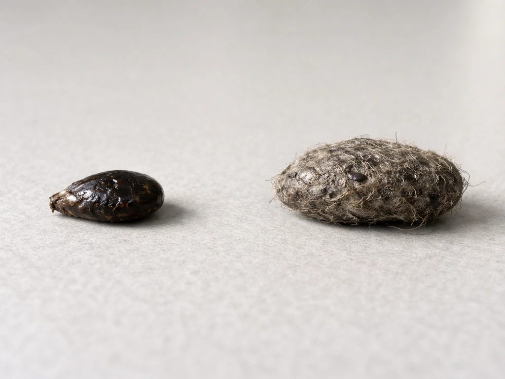 Close-up of a dried bird dropping and a separate owl pellet on a plain tabletop.