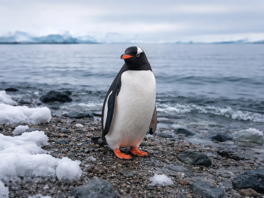 A cute penguin standing on an icy shoreline with ocean waves in the background.