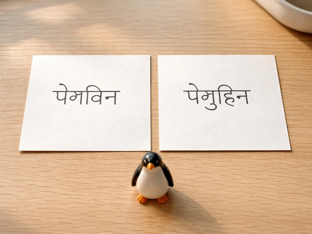 Two white papers on a wooden desk showing handwritten Devanagari words पेंग्विन and पेंगुइन side by side.