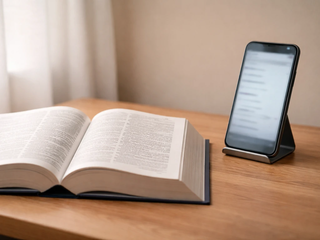 Open dictionary on desk beside a tablet showing search suggestions, split-view comparison feel