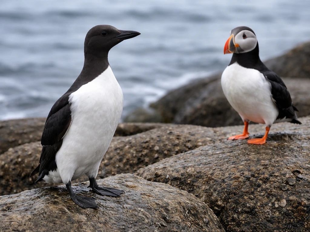 Close-up of two lookalike seabirds on a rocky shore, highlighting black-and-white differences