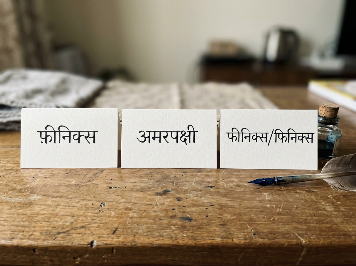 Handwritten Hindi terms for phoenix on cards with pen and ink bottle