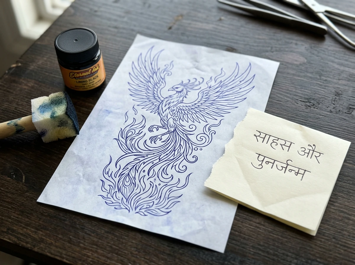 Phoenix rising tattoo stencil with black ink and stencil applicator