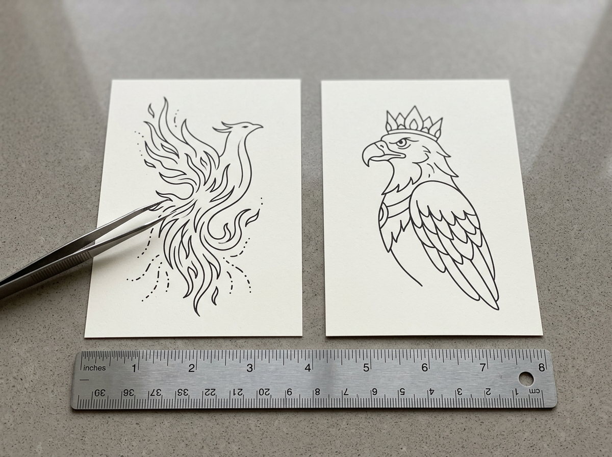 Side-by-side phoenix vs Garuda drawings with tweezers indicating differences