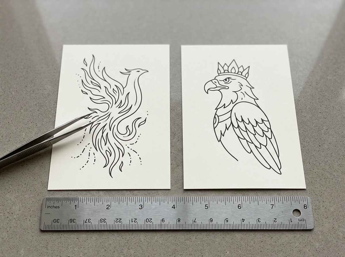 Side-by-side phoenix vs Garuda drawings with tweezers indicating differences