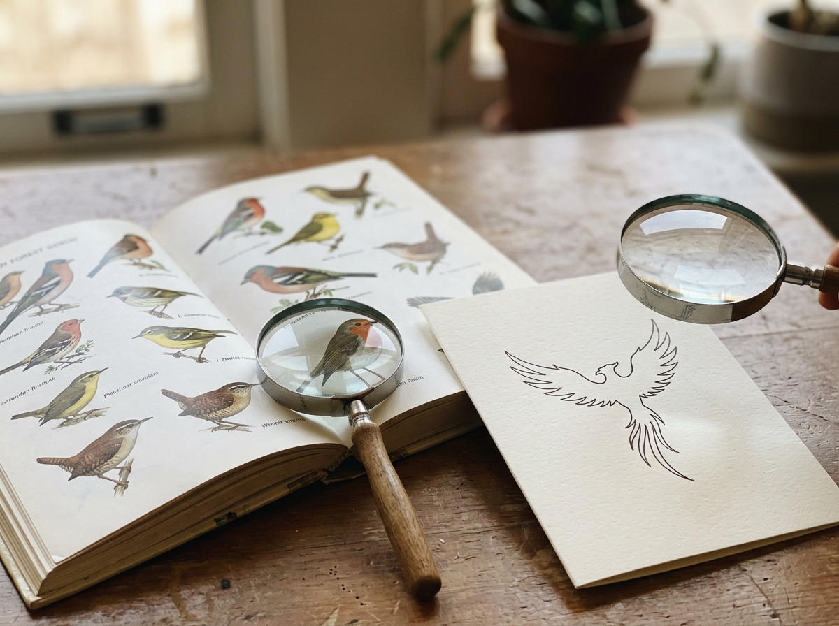 Magnifying glass over bird guide illustrations versus blank silhouette for phoenix