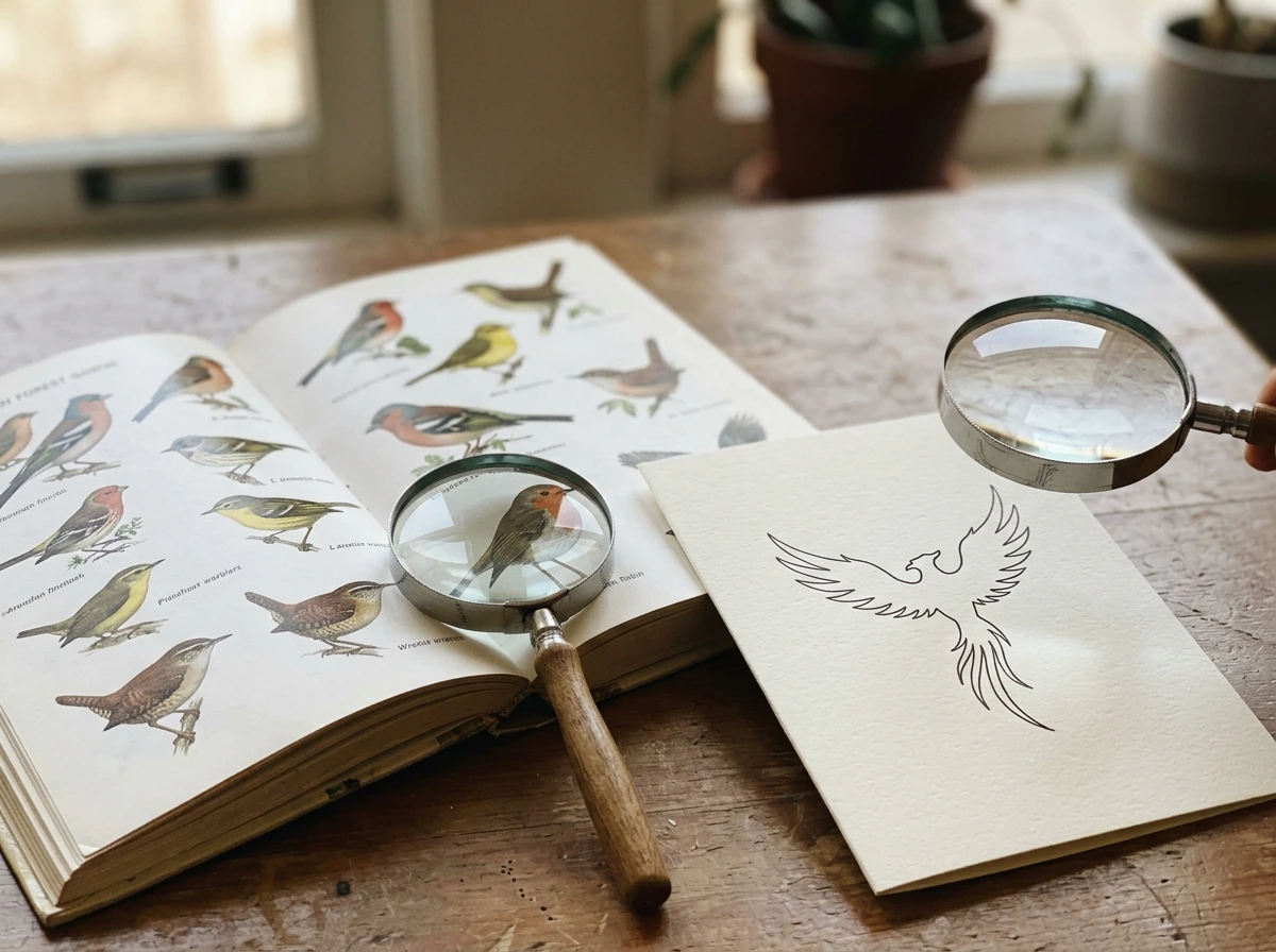 Magnifying glass over bird guide illustrations versus blank silhouette for phoenix