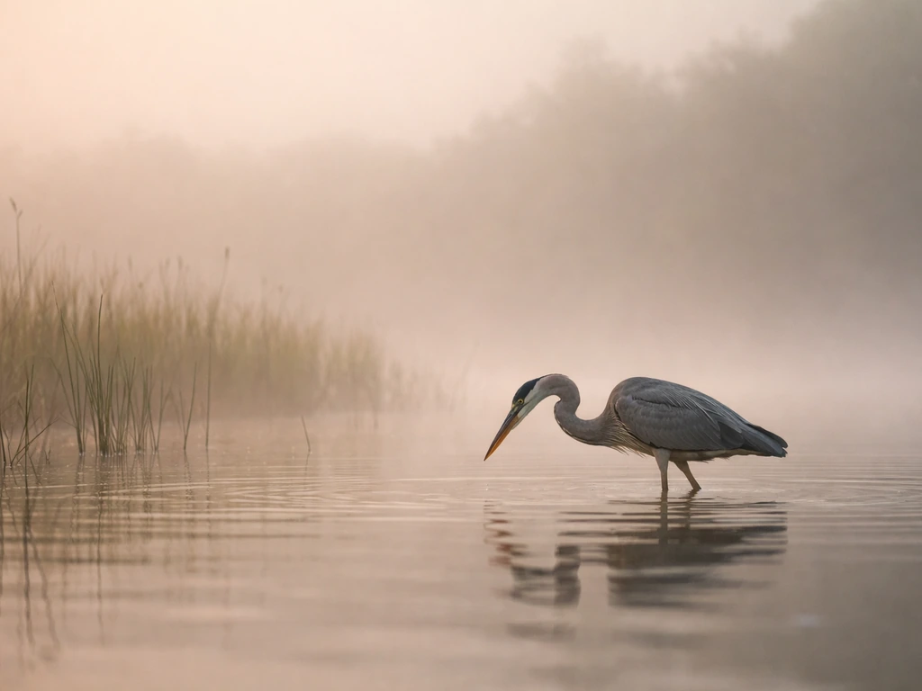 A heron-like wading bird standing in shallow misty wetland water with reeds in the background.