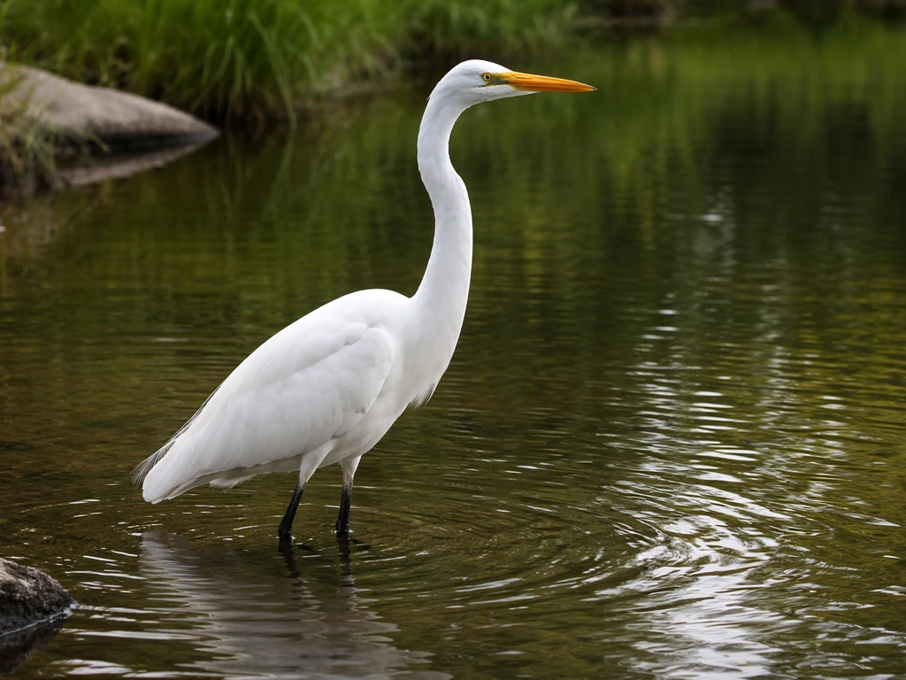 A heron/egret stands in shallow water, actively wading with ripples and reflections visible.