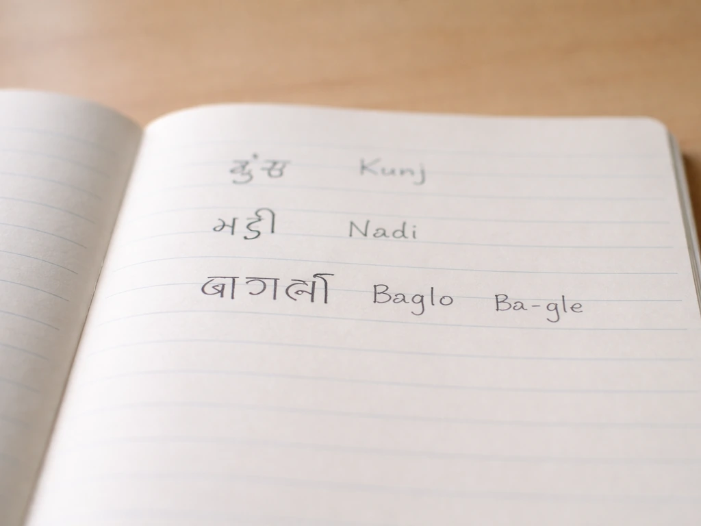 Close-up of handwritten Gujarati script and small phonetic notes on a clean desk, crisp and readable