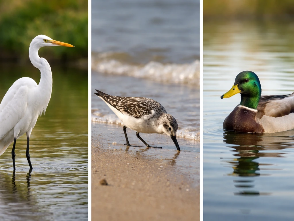 Side-by-side photo of three birds: egret-like wading bird, sandpiper-like shorebird, and duck-like waterfowl.