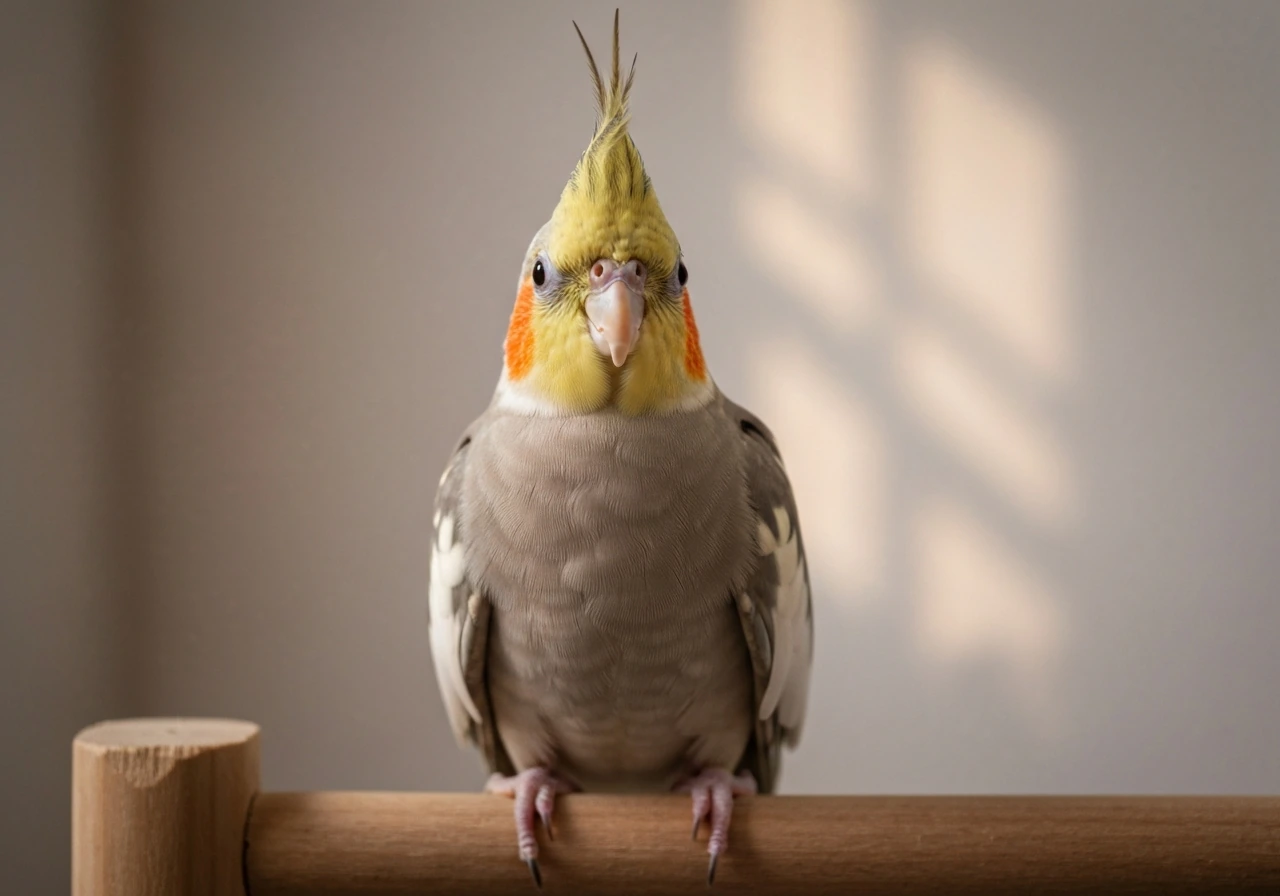 Front-facing cockatiel perched on a wooden branch, crested head raised against a soft background.