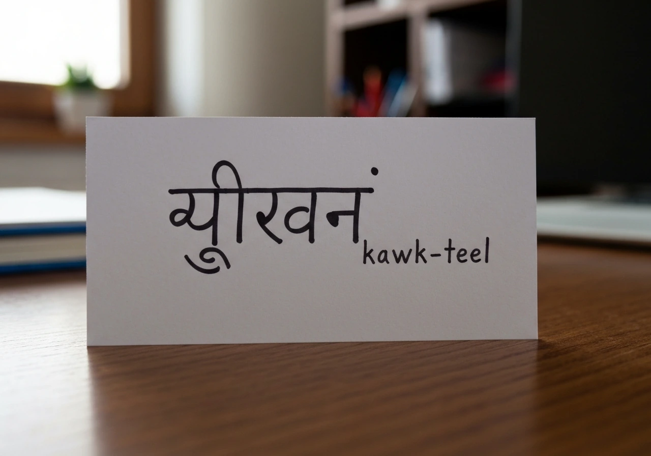 Handwritten card on a wooden desk showing Devanagari “कॉकटील” and Roman “kawk-teel”.