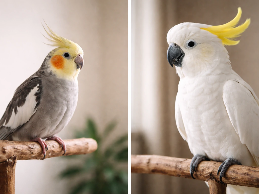Side-by-side cockatiel and cockatoo on simple perches, shown in profile for easy visual comparison.