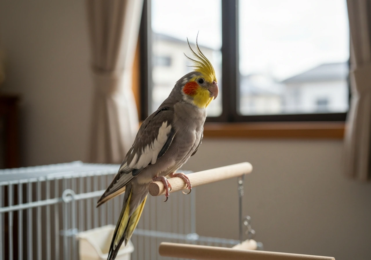 A cockatiel perched indoors in natural window light, simple home background, no people visible.