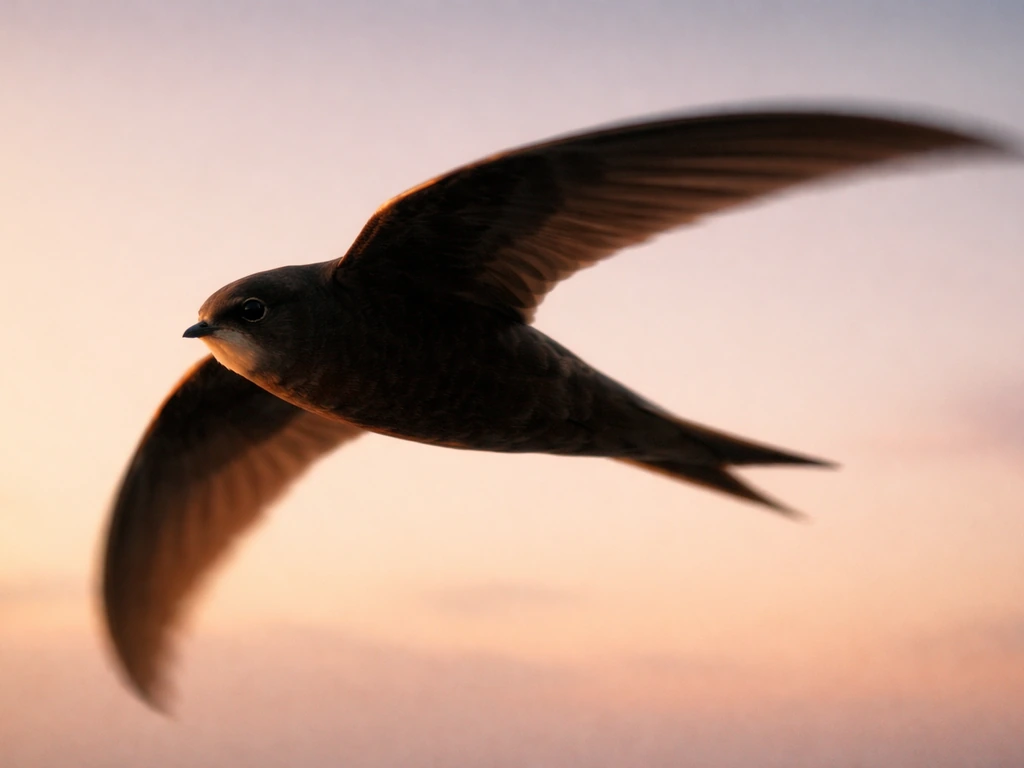 Dark swift bird gliding in flight against a soft evening sky with subtle cultural mood.