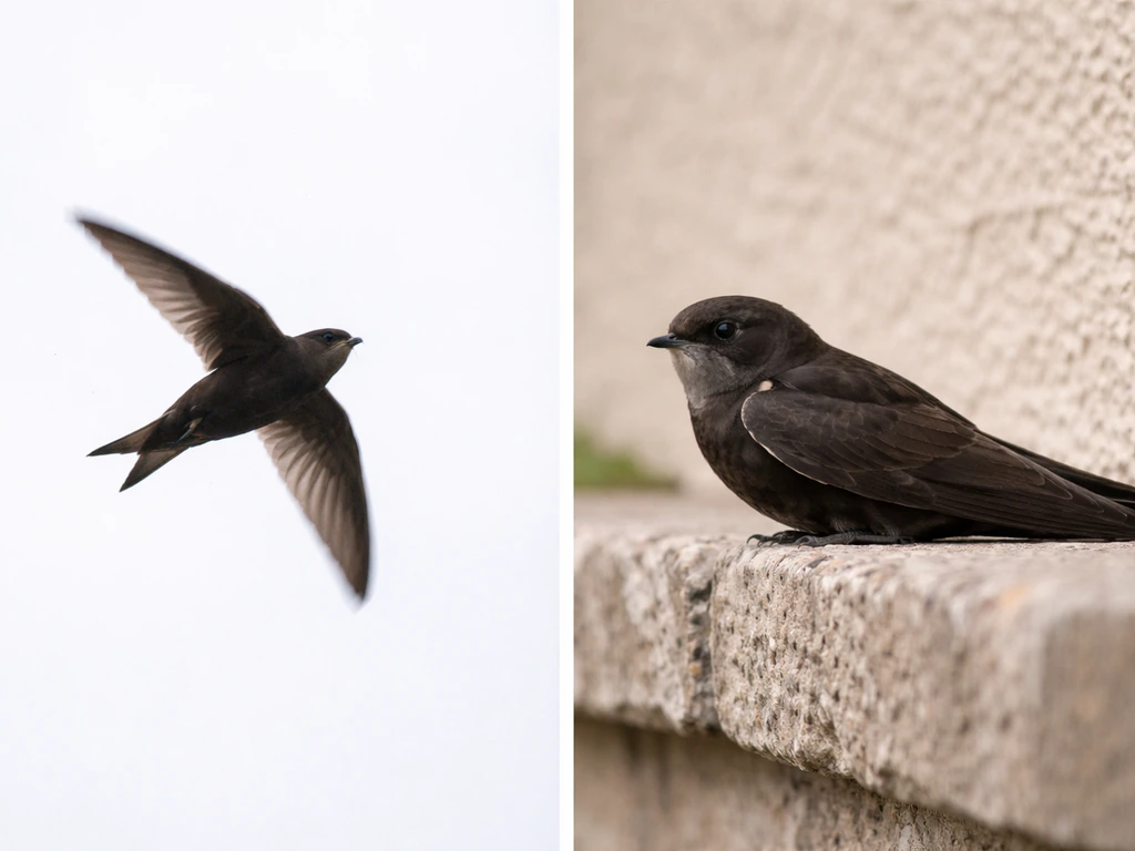 Two separate close-up bird scenes: a fast-flying swift-like bird vs a simple resting swift bird family cue.