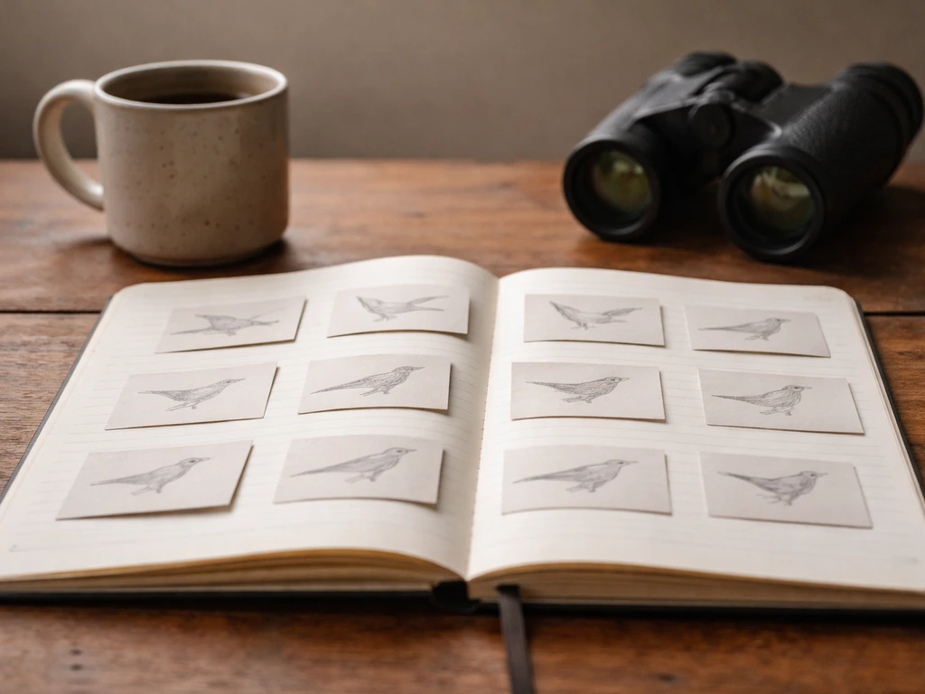 Open notebook with blank name cards and birding tools on a wooden desk in soft daylight.