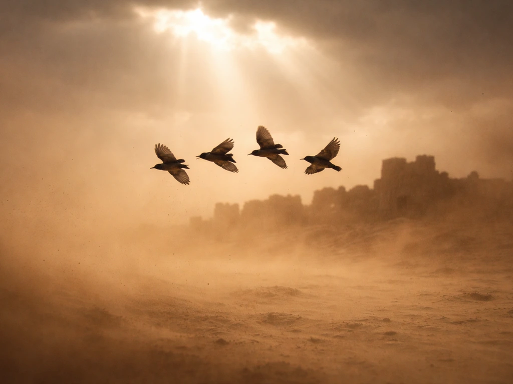 Small birds fly through dusty desert sky with warm sunlight behind them and distant ruins.