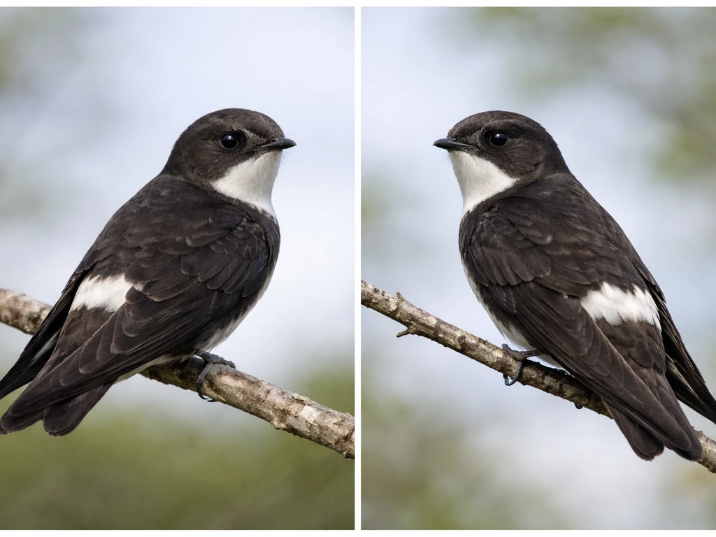 Two dark swift birds side-by-side showing a pale throat patch and a white rump band.