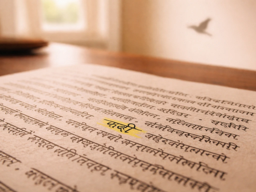Highlighted Sanskrit manuscript word for “bird” (पक्षी/पक्षिन्) with a subtle bird silhouette in the background.
