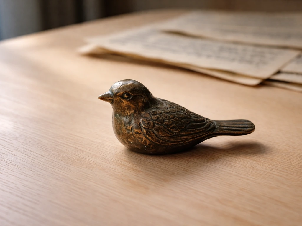 Minimal close-up of a single bronze bird-shaped ornament on a wooden table with soft Sanskrit manuscript pages