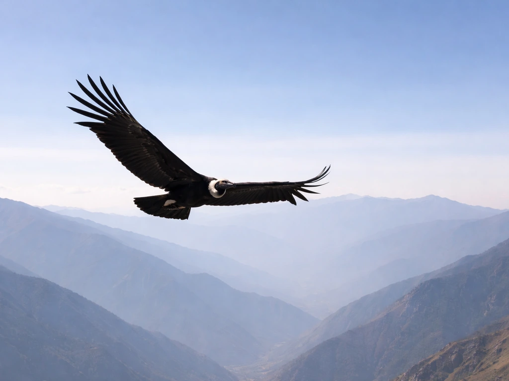 Andean condor soaring in the sky with wings spread over distant mountain ridges.