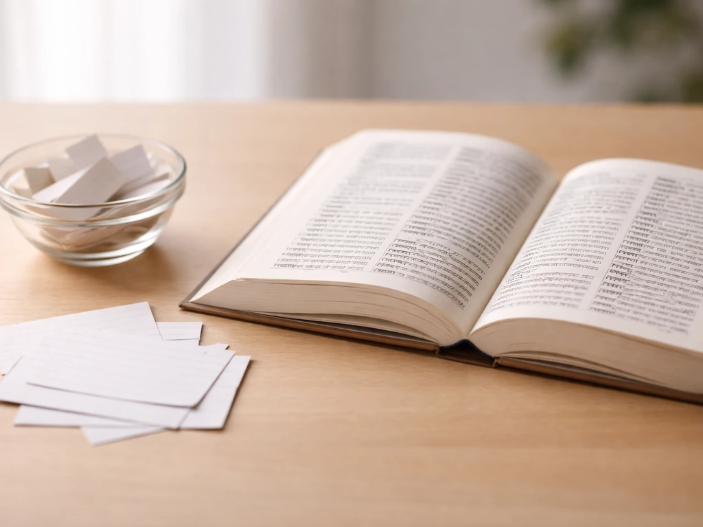 Open Hindi dictionary with blank cards and paper slips on a wooden desk, minimal and well lit.