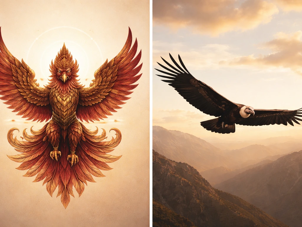 Two-panel comparison: stylized Garuda-like myth bird versus a photoreal Andean condor in flight.