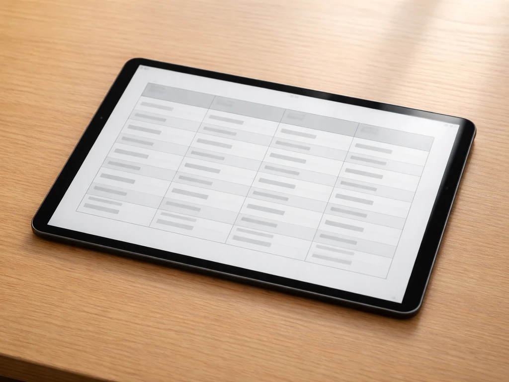 Minimal tablet screenshot-style view of a multicolumn word table on a wooden desk.