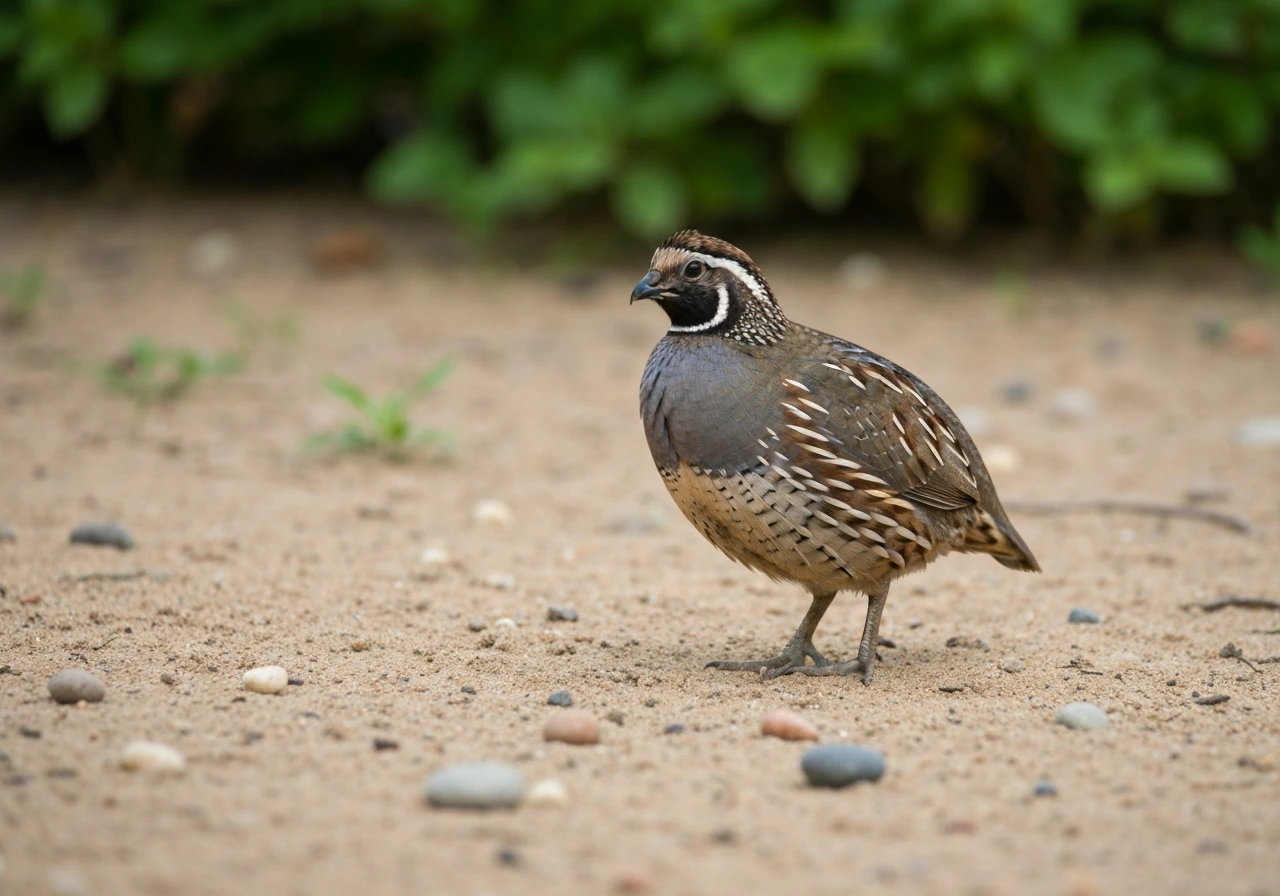 A single quail standing on sandy ground with soft natural light and blurred greenery behind.