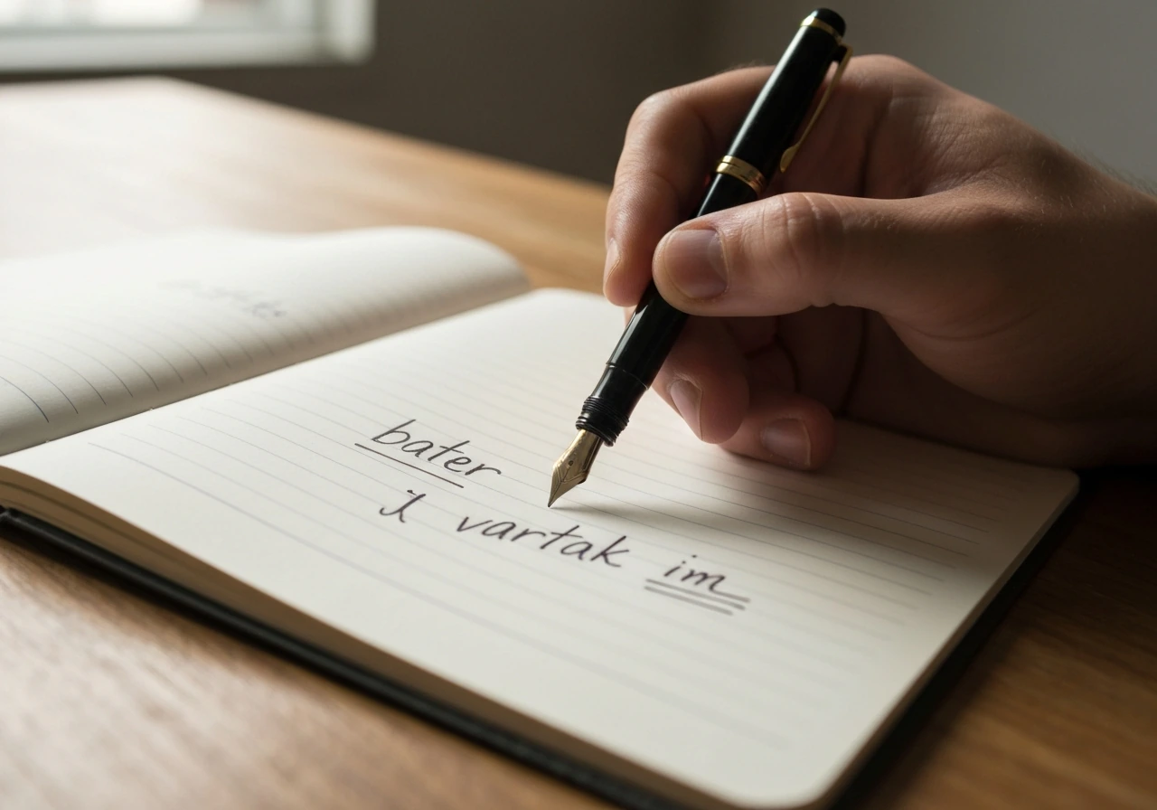 Hand holding a fountain pen over an open notebook with “bater” and “vartak” handwritten