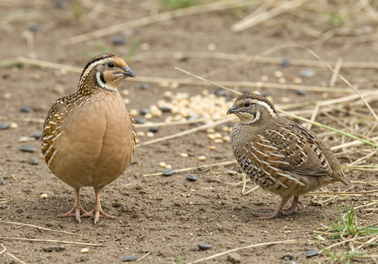 Two quails on the ground—one common quail beside a smaller button quail—showing their size differences.
