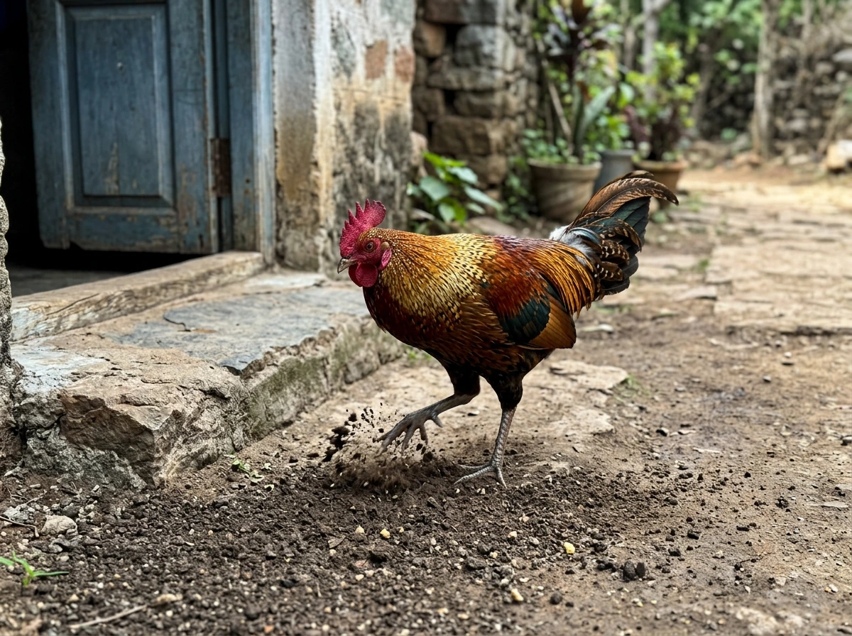 Bird scratching the ground on a pathway, showing literal behavior