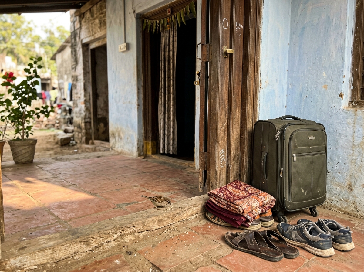 Bird omen setting: bird near doorway with travel items