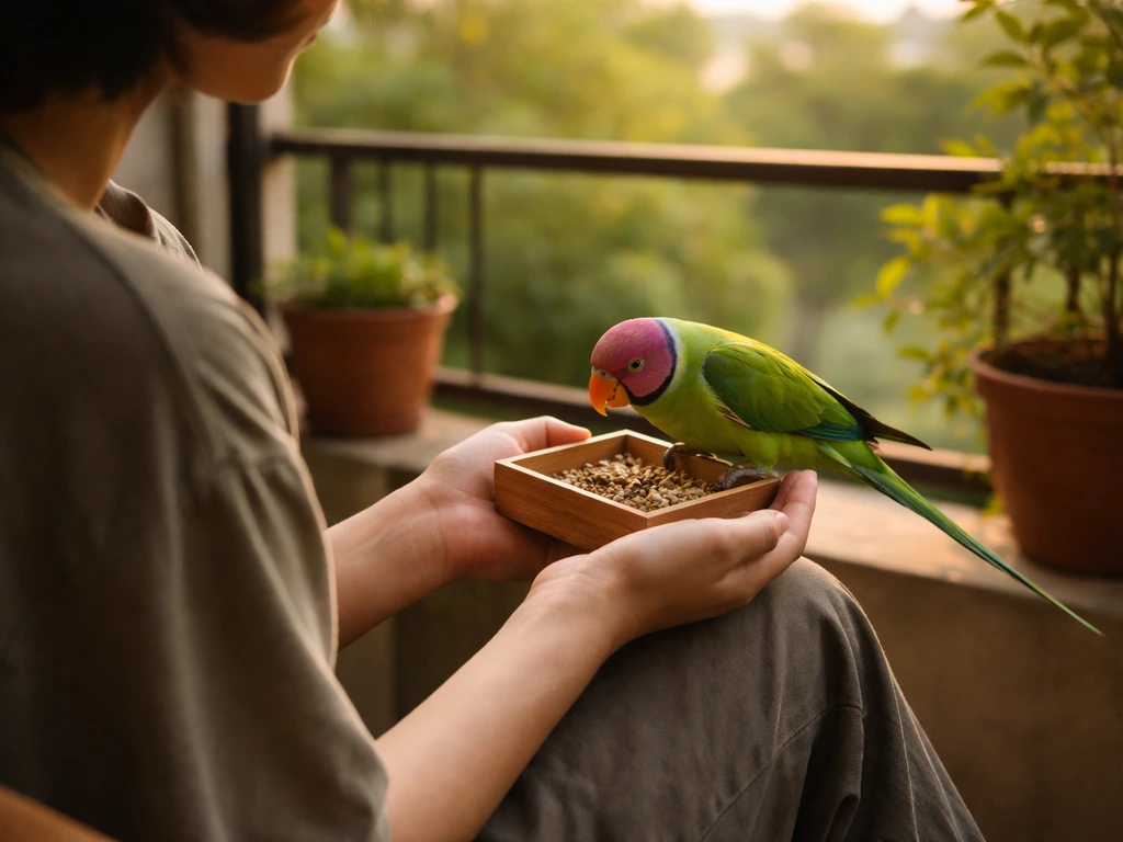 Anonymous bird lover holding a seed feeder while a colorful bird perches and feeds beside them.