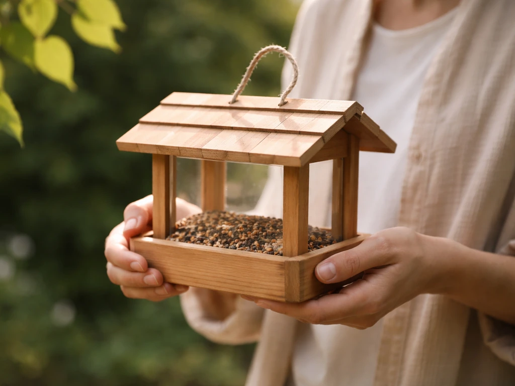 Close-up of hands holding a small bird feeder outdoors in soft natural light.