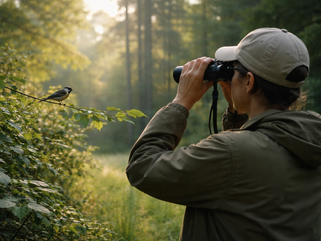 Binoculars से जंगल/गार्डन में जंगली पक्षी को देखते हुए एक व्यक्ति का candid natural moment