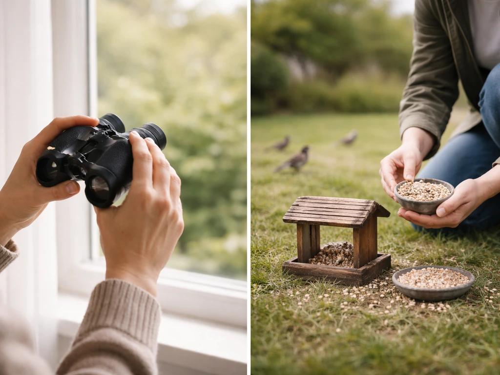 Two mini-scenes: hands with binoculars by a window vs kneeling near a bird feeder in daylight.