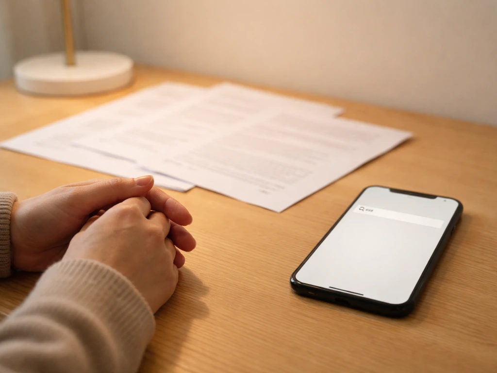 Dim desk with scattered papers and a search bar on a phone, suggesting no verified income records