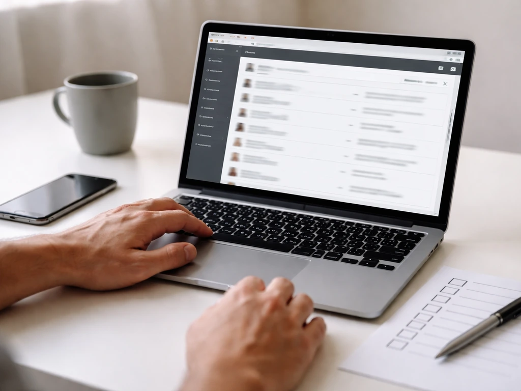 Person using laptop with browser open on an official cast-page style screen and a paper checklist nearby