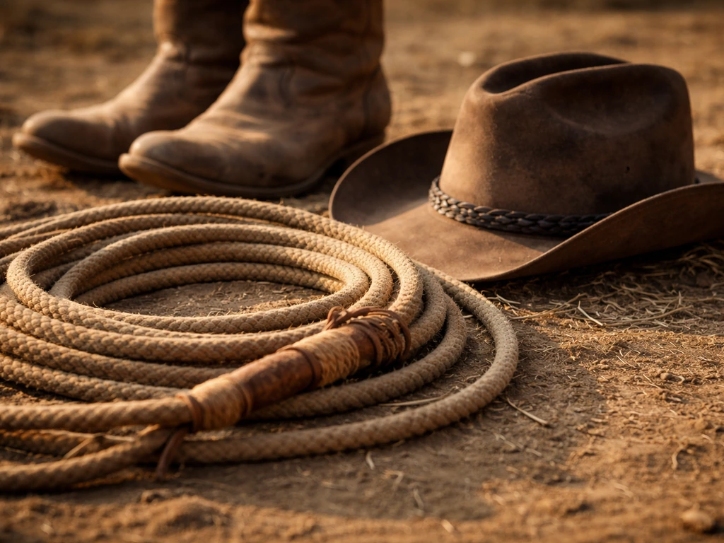Close-up lasso coil with a cowboy hat and weathered boots on a dusty outdoor ground