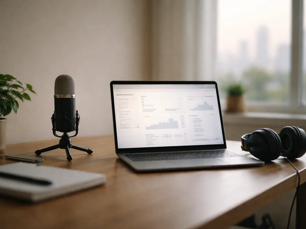 Minimal desk scene with a laptop showing blurred analytics-style panels, symbolizing YouTube monetization inputs