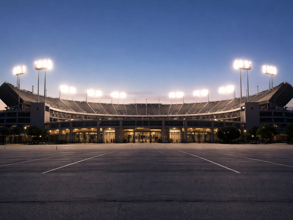 Lit American football stadium at dusk, empty stands, no branding, symbolizing game-day revenue and media rights.