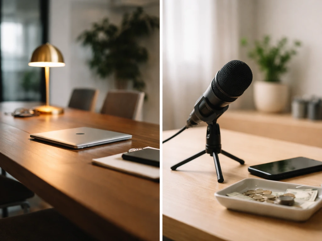 Split-screen photo: studio valuation mood on one side and creator earnings wealth mood on the other