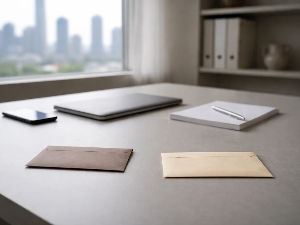 Minimal desk scene with envelopes and papers suggesting estimated net worth ranges, no text or people.