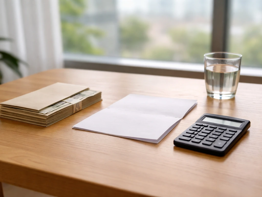 Minimal desk scene with neatly stacked cash envelopes and a calculator, suggesting financial estimates
