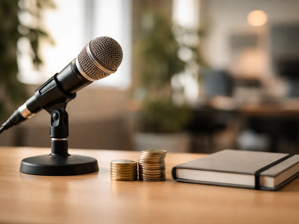 Minimal photo of a studio desk with a microphone and a small stack of coins, symbolizing investor wealth